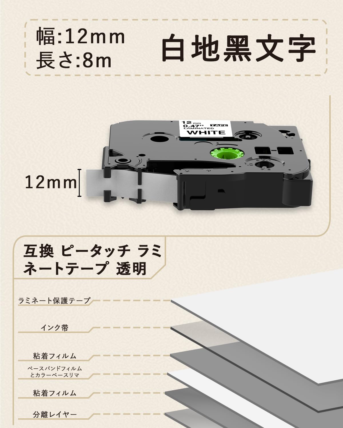12mm 白地 ブラザー ピータッチ テープ と互換 tze-231 黒文字 1個 ブラザー工業 ピータッチ TZeテープ tze 231 ラミネートテープ Brother PT-P300BT PT-J100W PT-P710BT Greateam